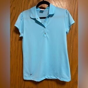 Daily Sports Polo Shirt Womens L Teal Stretch Collared Snap Button - SZ M -EUC